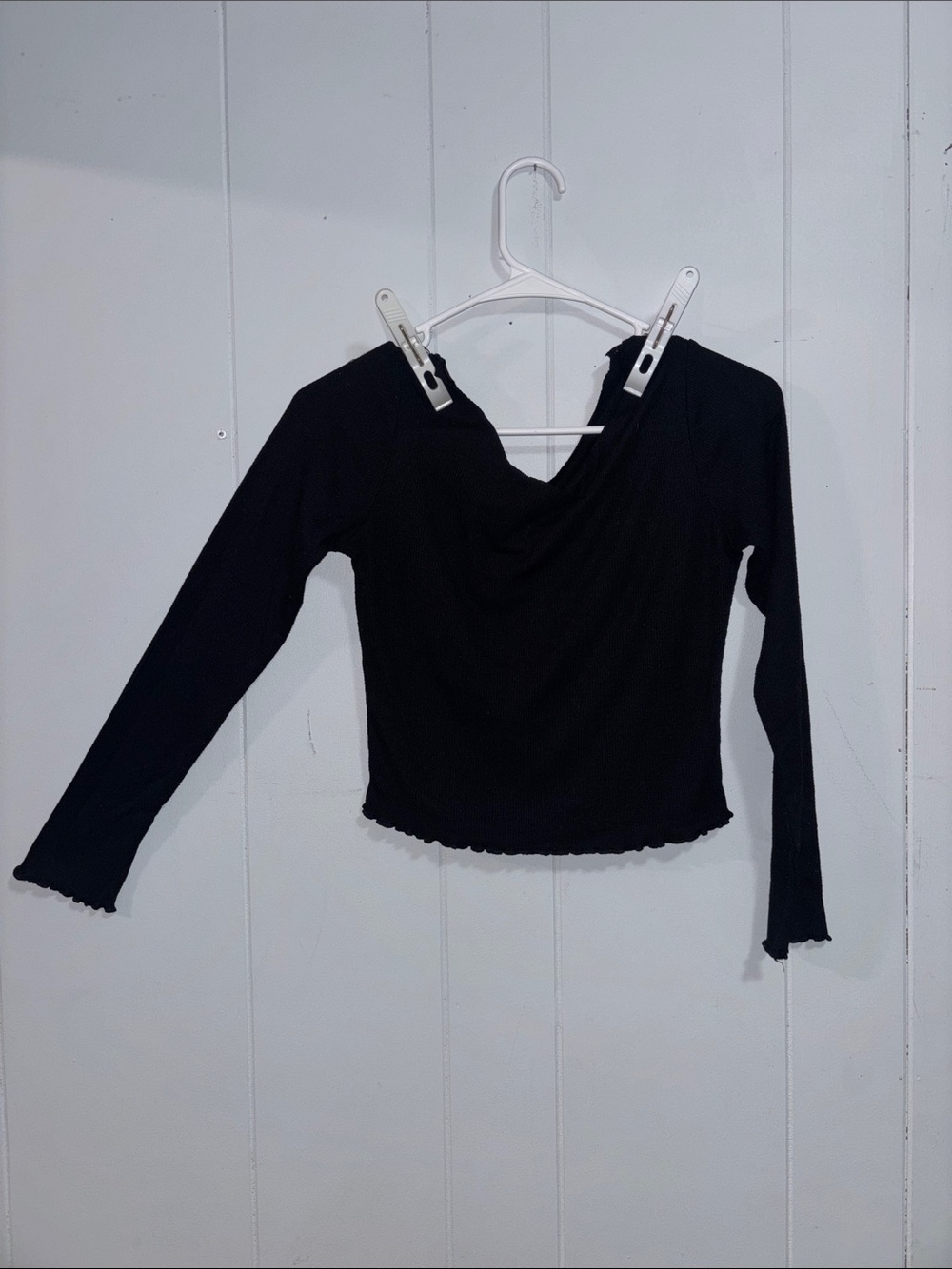 Women's Black Long-Sleeve Draped Neck Top